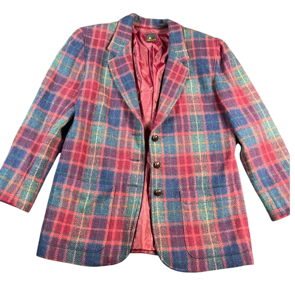 Vintage 90s LIZSPORT Blazer Women 10 Plaid Wool Shoulder Pads Tartan Jacket Fall